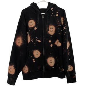 Upcycled Hoodie Sweatshirt Mens Size Large Unisex Black Zip Up Jacket Hand Drawn